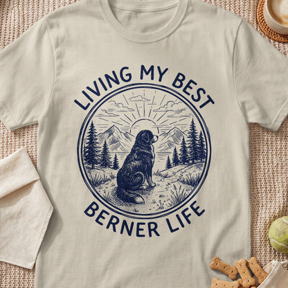 Berner dog in a circular landscape with text "LIVING MY BEST BERNER LIFE".