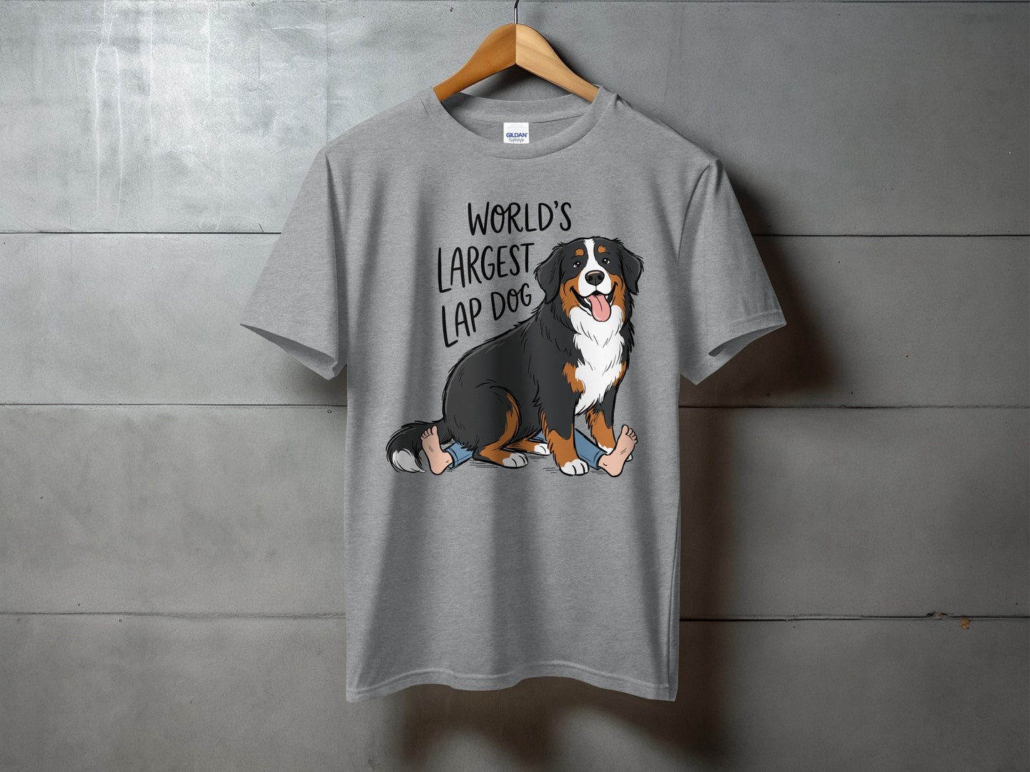 Grey t-shirt with cartoon of Bernese Mountain Dog and text "WORLD'S LARGEST LAP DOG".