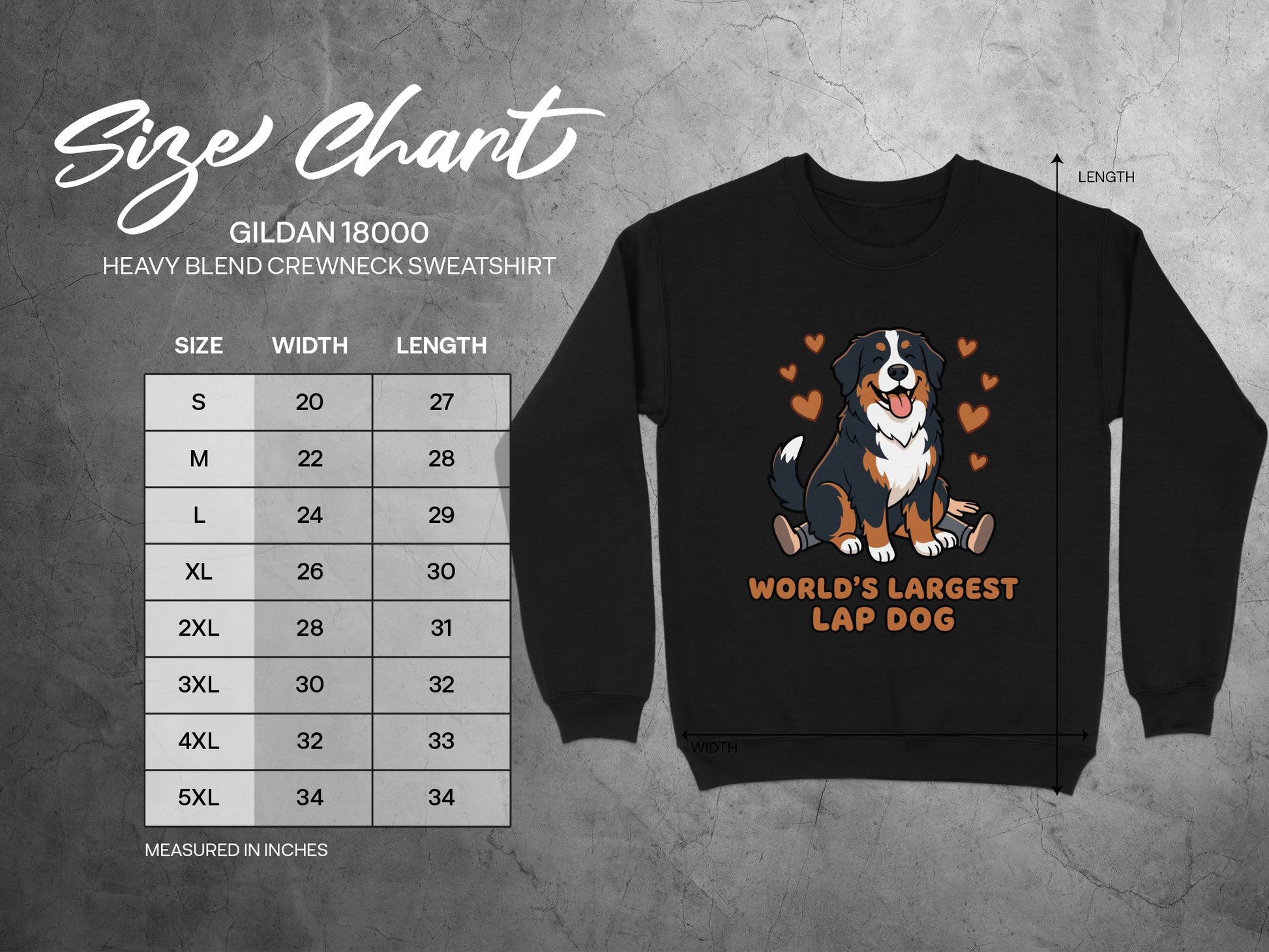 Gildan 18000 sweatshirt size chart with "World's Largest Lap Dog" graphic.