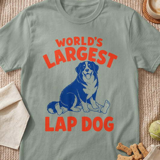 Gray t-shirt with "World's Largest Lap Dog" text and blue dog graphic.