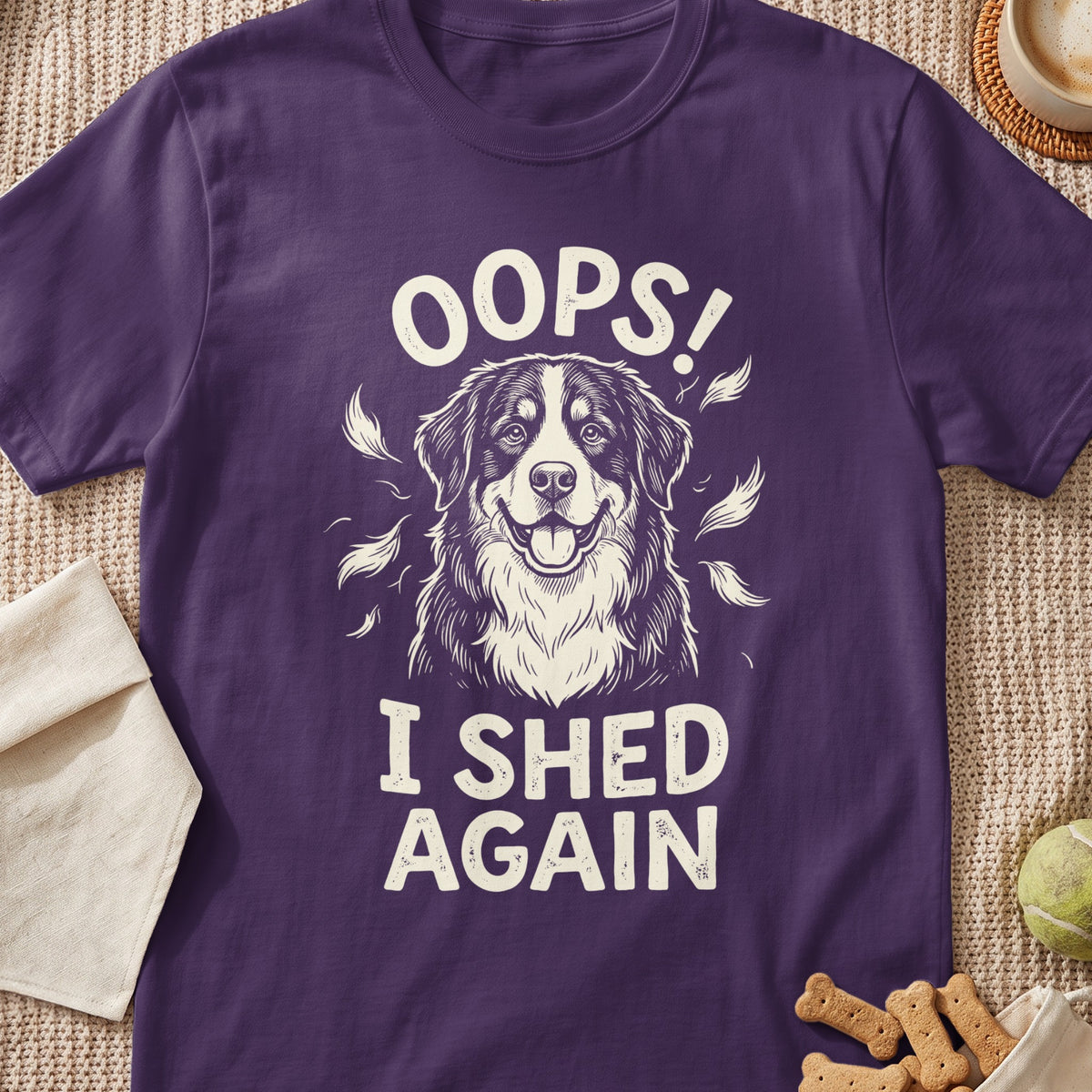 Purple t-shirt with a dog graphic that says "Oops! I Shed Again."
