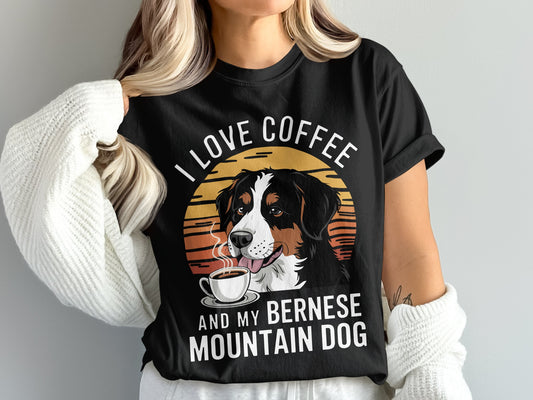 Black t-shirt with sun graphic featuring Bernese Mountain Dog and "I love coffee and my Bernese Mountain Dog."