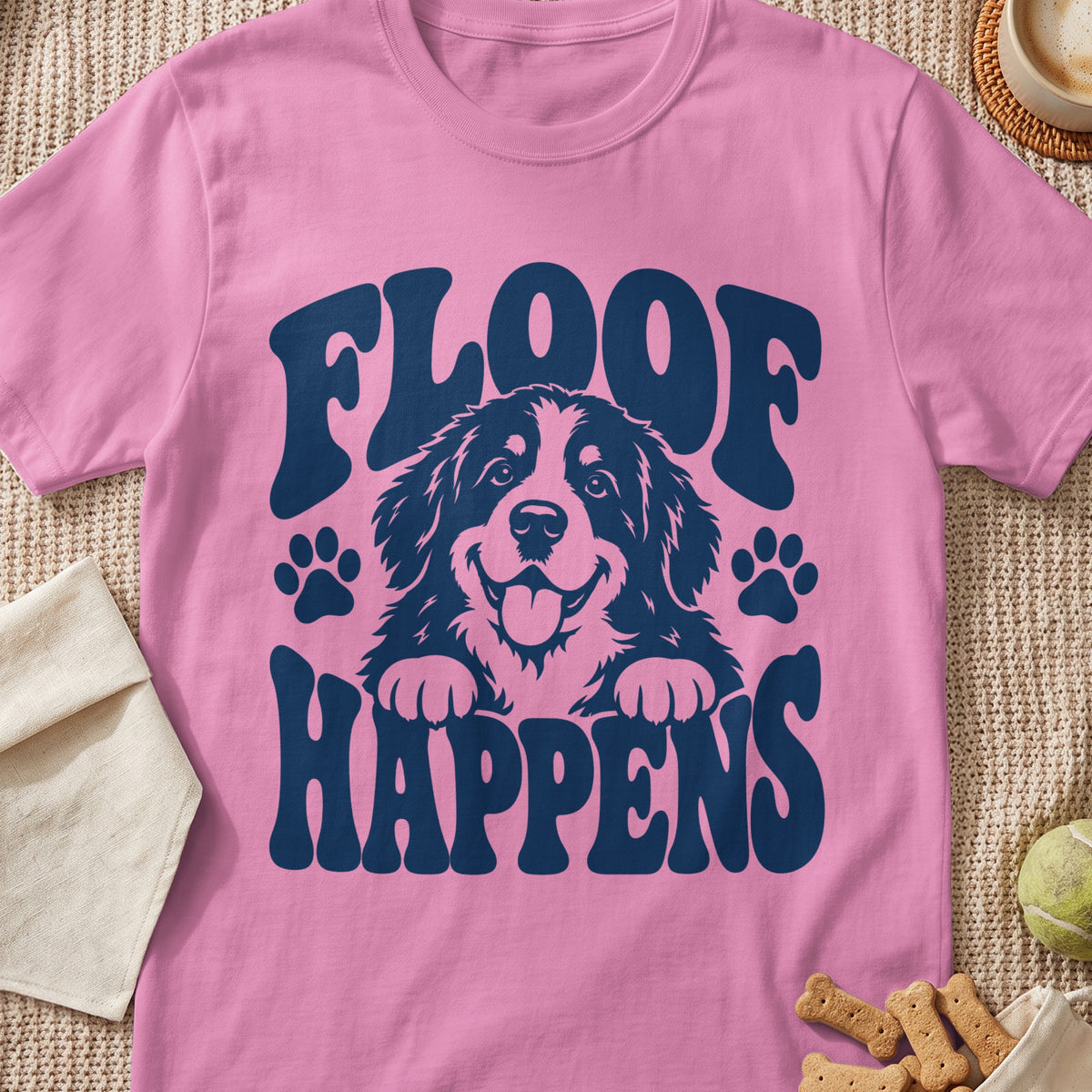 Pink t-shirt with dark blue text "FLOOF HAPPENS" and a Bernese Mountain Dog graphic.