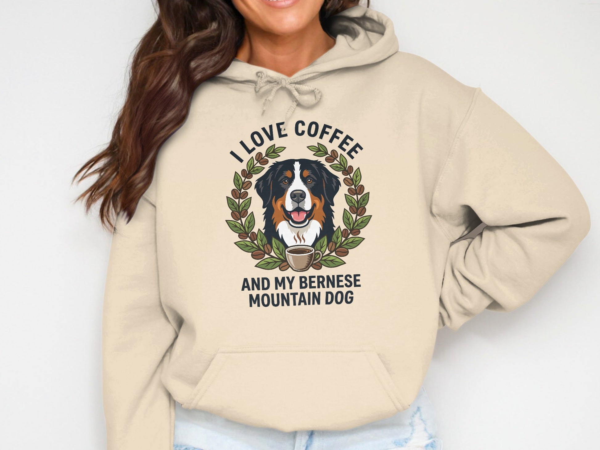 Bernese Mountain Dog and coffee graphic with text "I LOVE COFFEE AND MY BERNESE MOUNTAIN DOG."