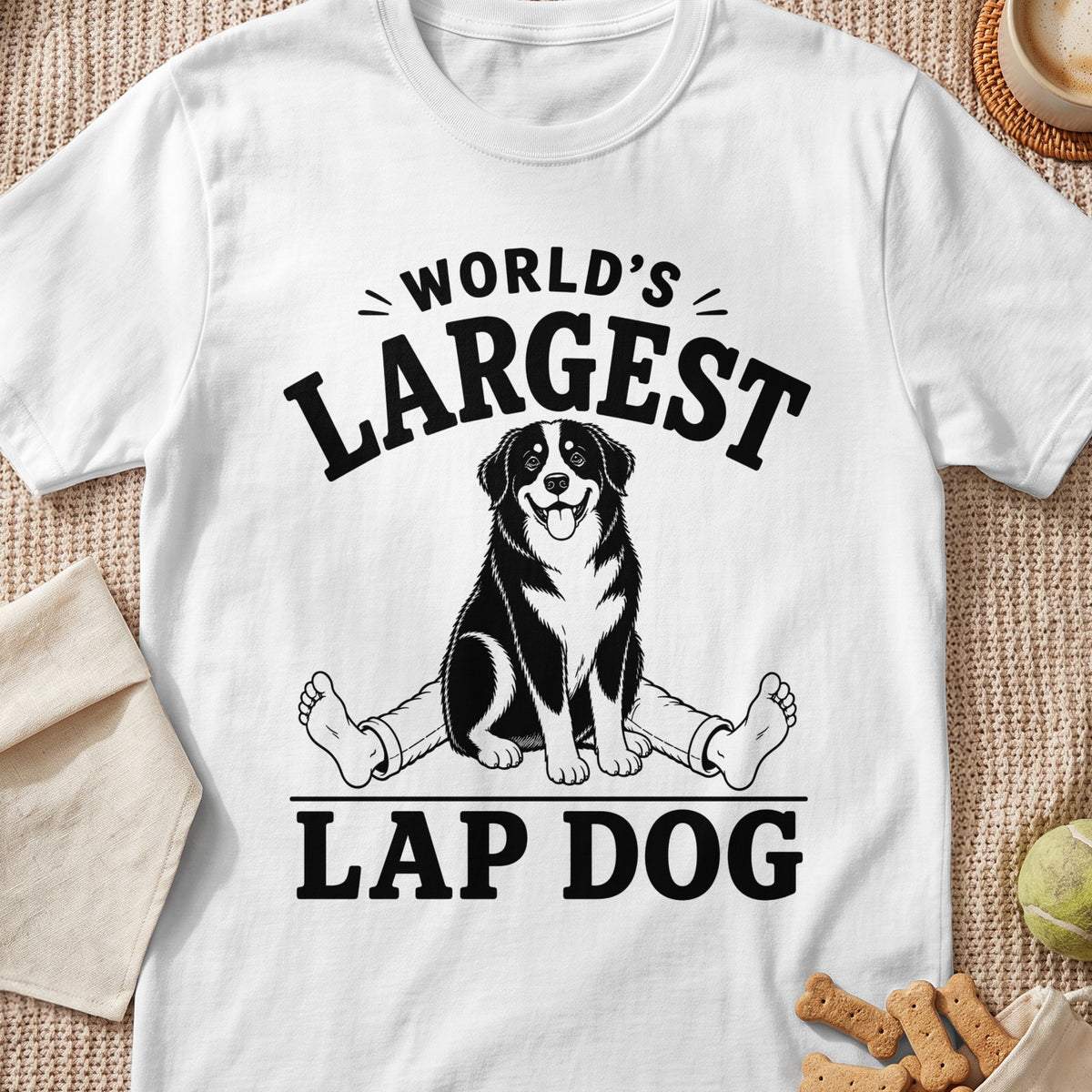 White t-shirt with black graphic of a dog and text "World's Largest Lap Dog".