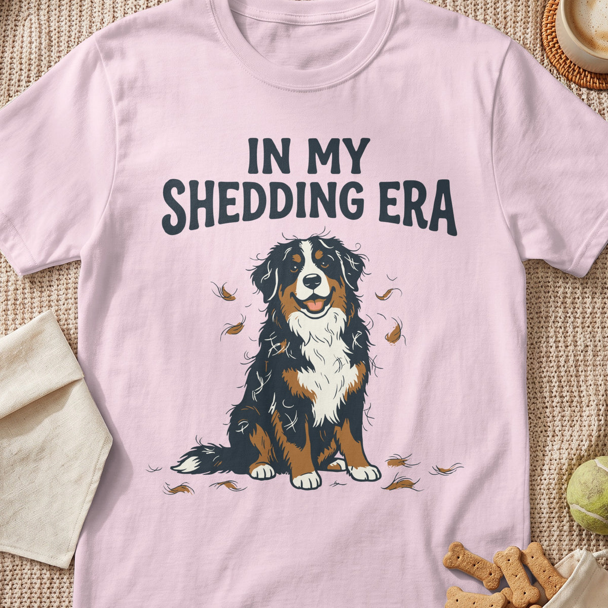 Pink t-shirt with a Bernese Mountain Dog graphic and the text "IN MY SHEDDING ERA".