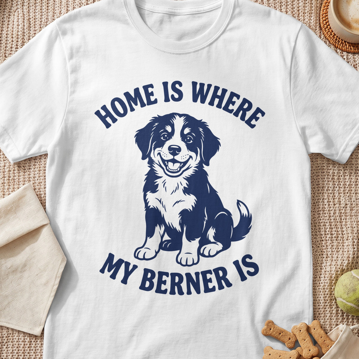 White t-shirt with navy blue text and a dog graphic saying "HOME IS WHERE MY BERNER IS".