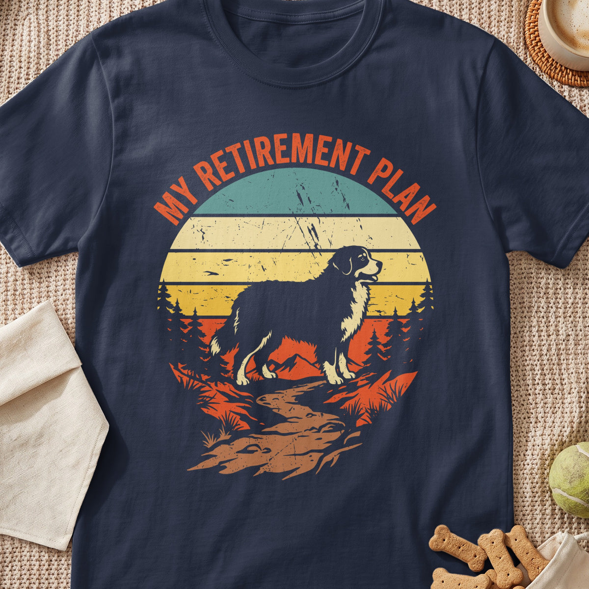 Dark blue t-shirt with "MY RETIREMENT PLAN" and a dog in a retro sunset landscape.