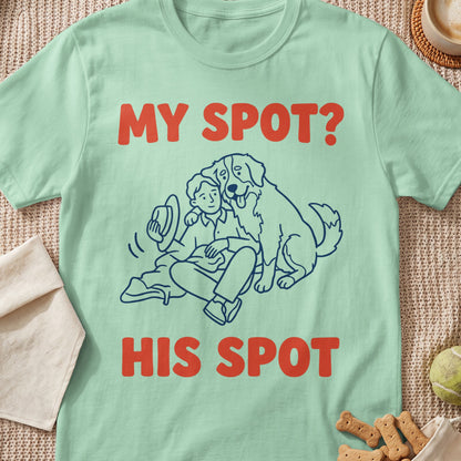 Mint t-shirt with line drawing of person and dog, text "MY SPOT? HIS SPOT."