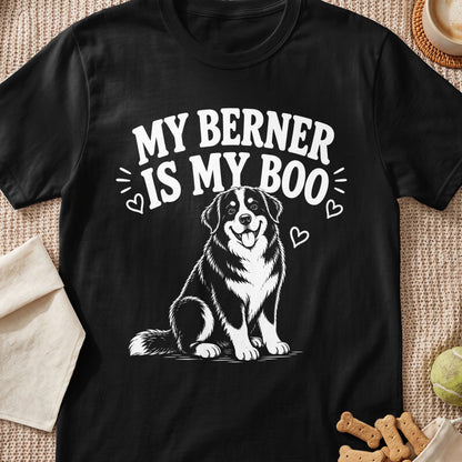 Black t-shirt with "MY BERNER IS MY BOO" text and a Bernese Mountain Dog illustration.