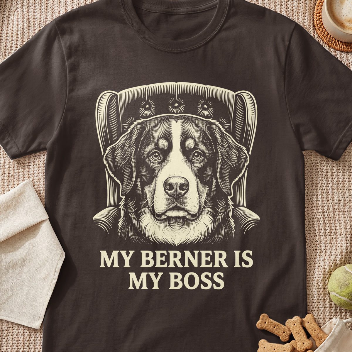 Brown t-shirt with a vintage-style Bernese Mountain Dog portrait and text "MY BERNER IS MY BOSS".