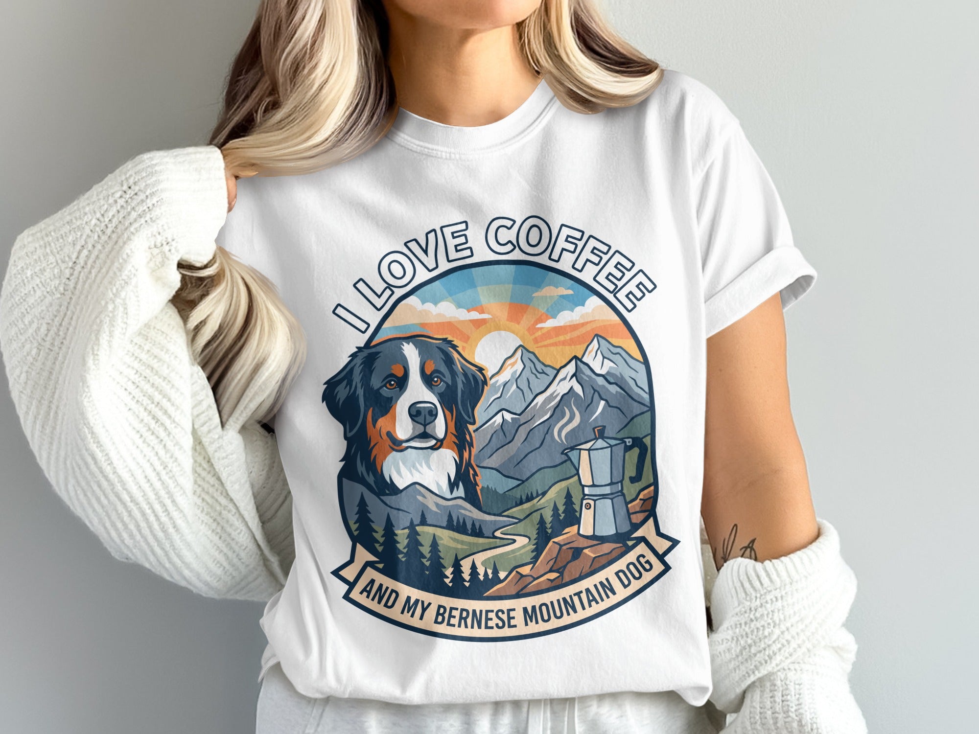 Bernese Mountain Dog with coffee maker in mountain landscape, text reading "I love coffee and my Bernese Mountain Dog".