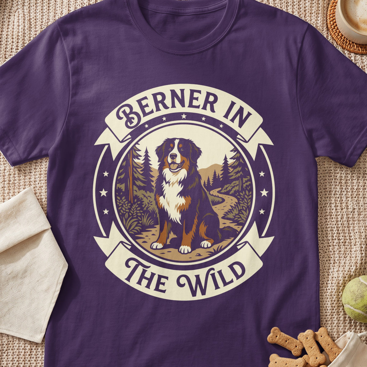 Bernese Mountain Dog in forest scene with text "Berner In The Wild"