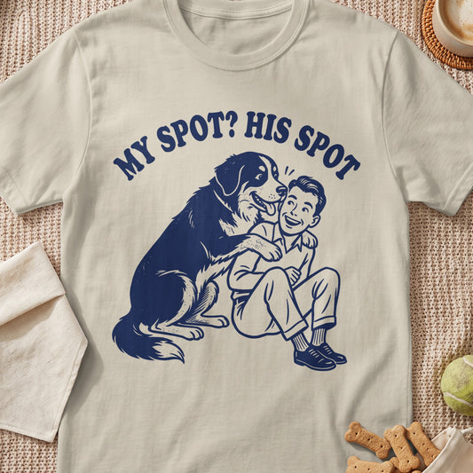 T-shirt with blue graphic of a dog and boy with text "MY SPOT? HIS SPOT".