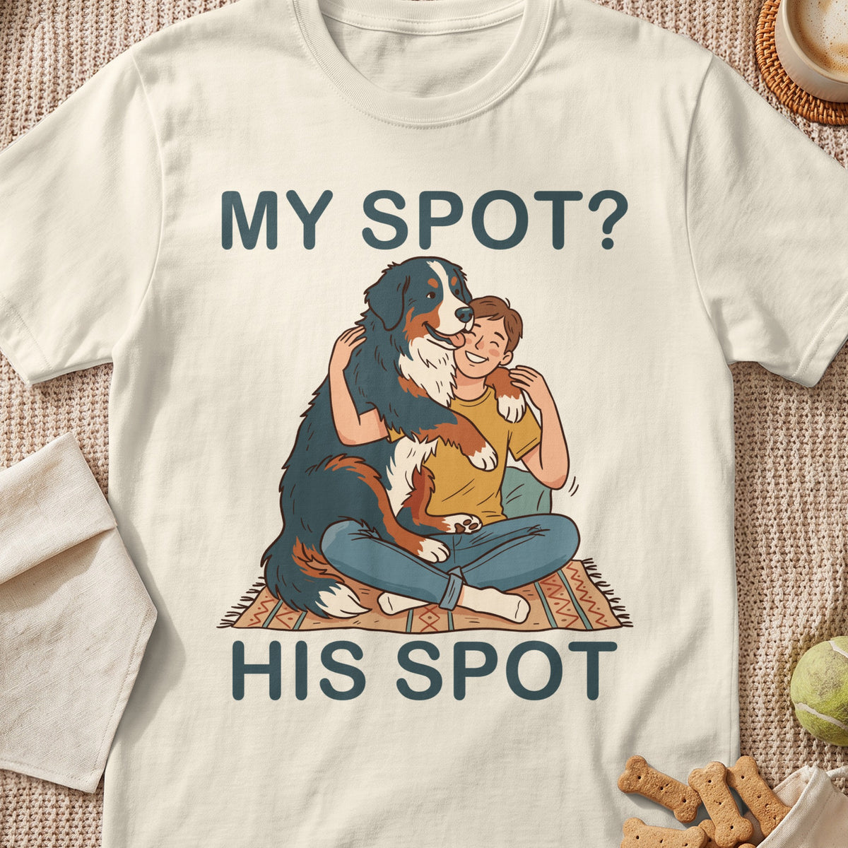 Bernese Mountain Dog hugs man, text "MY SPOT? HIS SPOT".