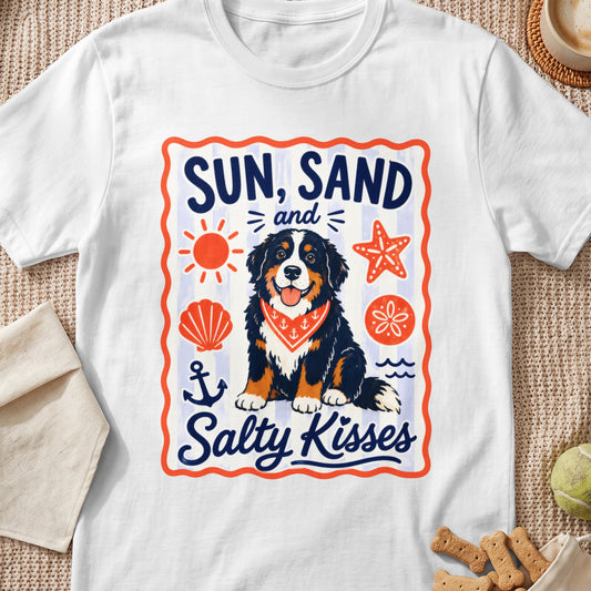 Bernese Mountain Dog with bandana under "Sun, Sand and Salty Kisses" text.