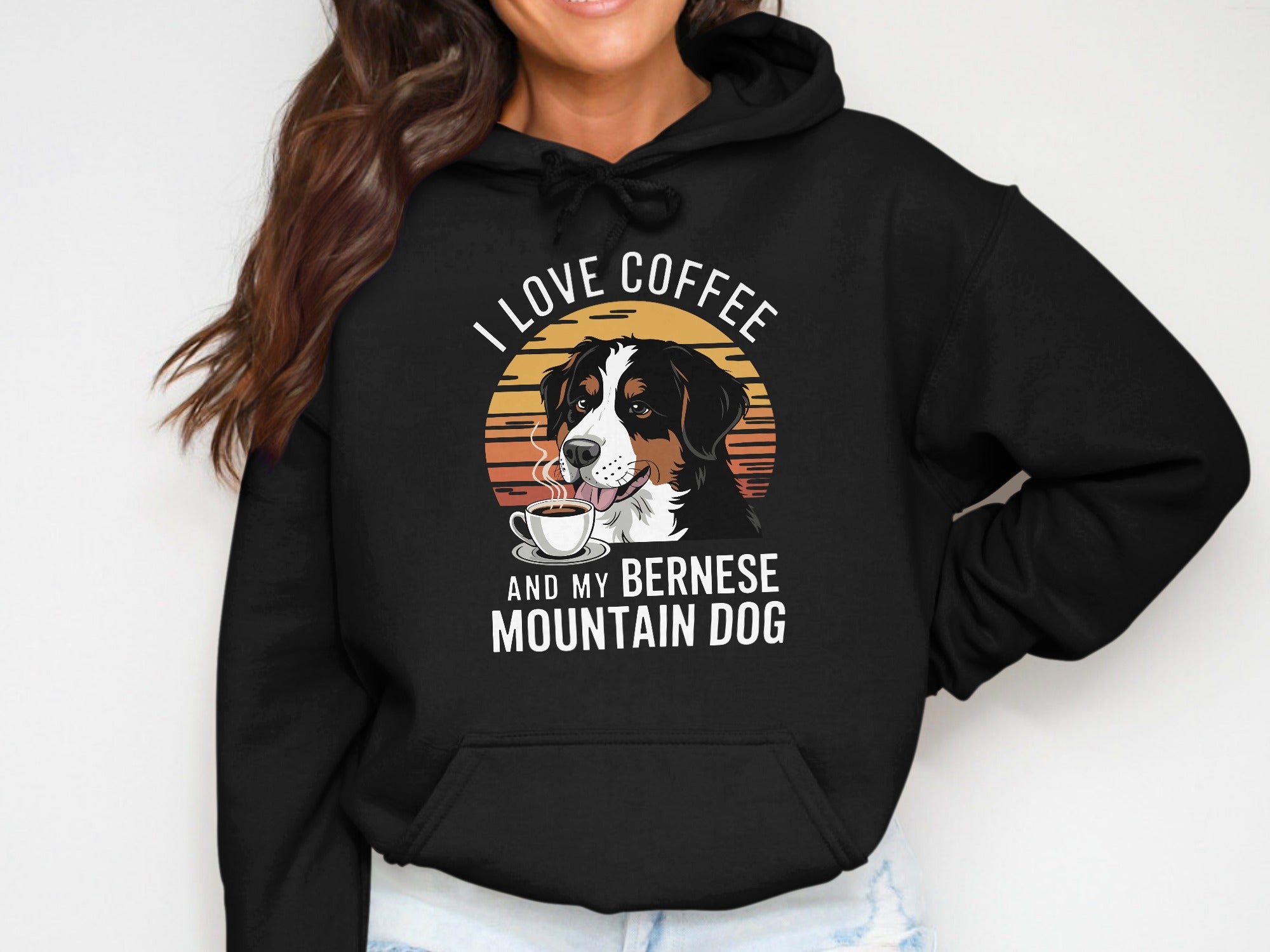 Black hoodie with Bernese Mountain Dog, coffee, and text.