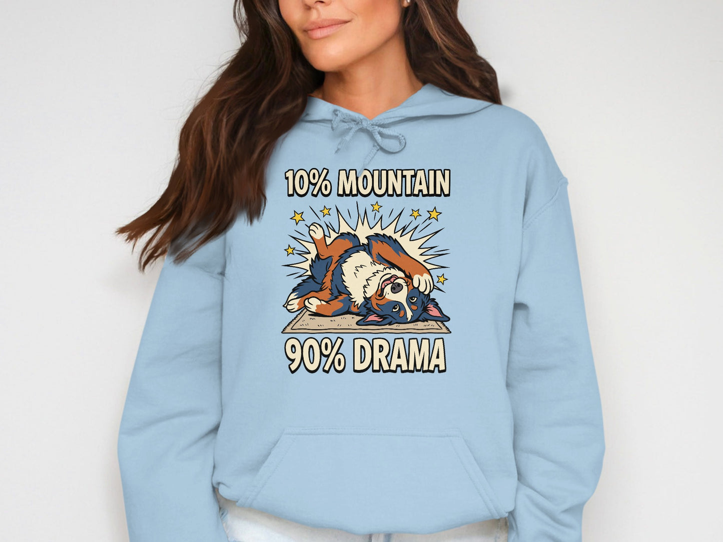 Light blue hoodie with a cartoon dog graphic and text.