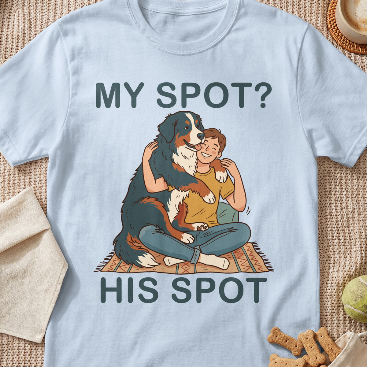 Illustration of a Bernese Mountain Dog hugging a person with text "MY SPOT? HIS SPOT".