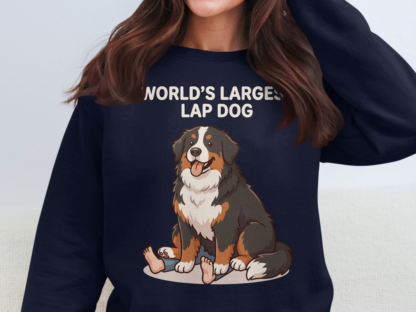Dark navy sweatshirt with "WORLD'S LARGEST LAP DOG" text and cartoon dog.