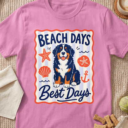 Bernese Mountain Dog with "Beach Days Best Days" text, shells, and anchor.