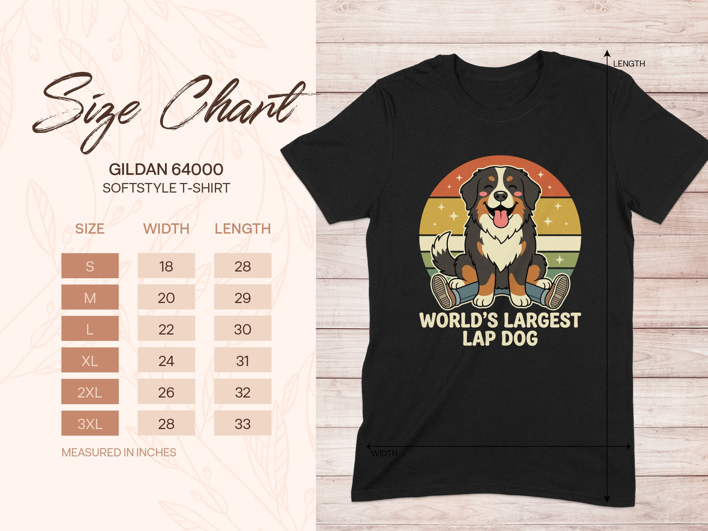 Gildan 64000 size chart with width and length measurements in inches.