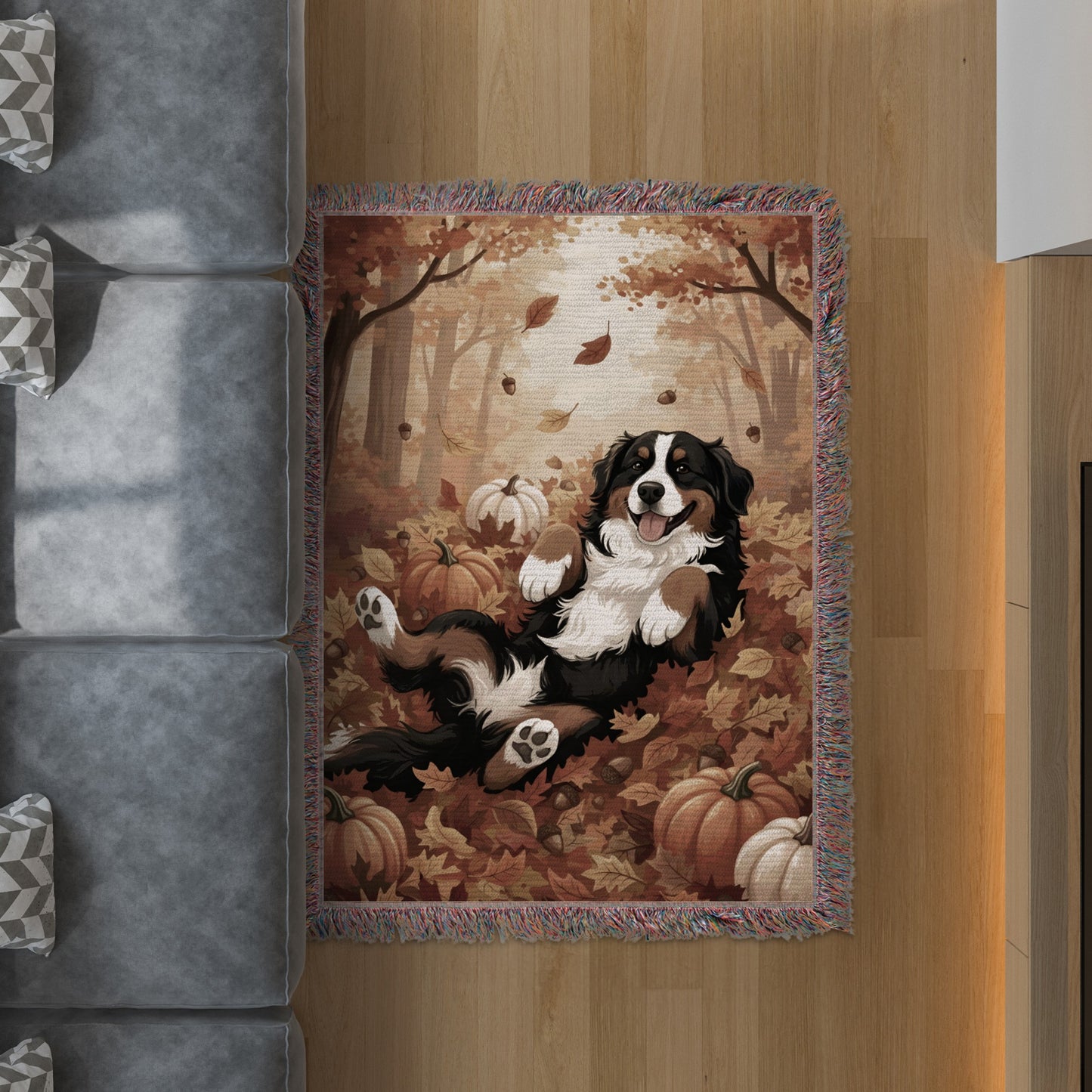 Cozy Autumn Scene with Dog and Pumpkins Rug