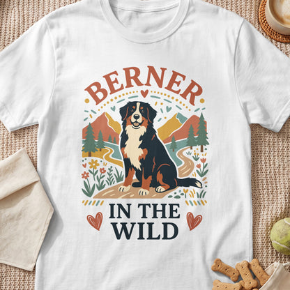 White t-shirt with "BERNER IN THE WILD" and a cartoon Bernese Mountain Dog.