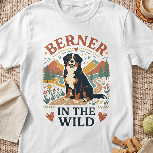White t-shirt with "BERNER IN THE WILD" and a cartoon Bernese Mountain Dog.
