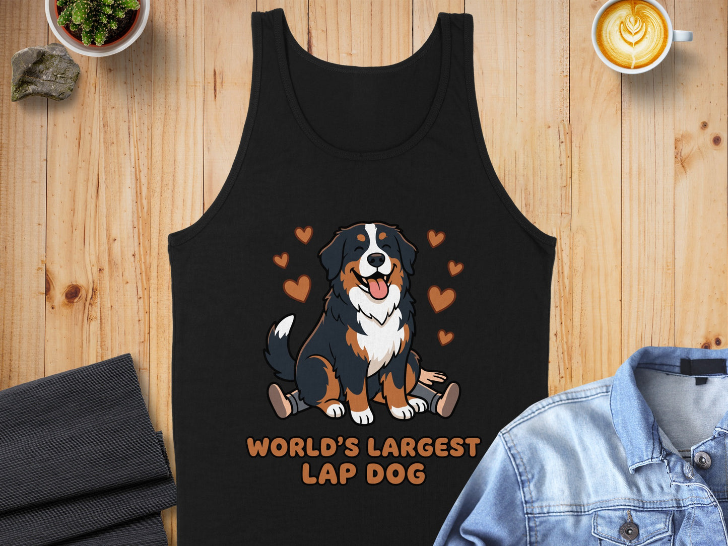 Black tank top with a cartoon Bernese Mountain Dog and text "World's Largest Lap Dog".