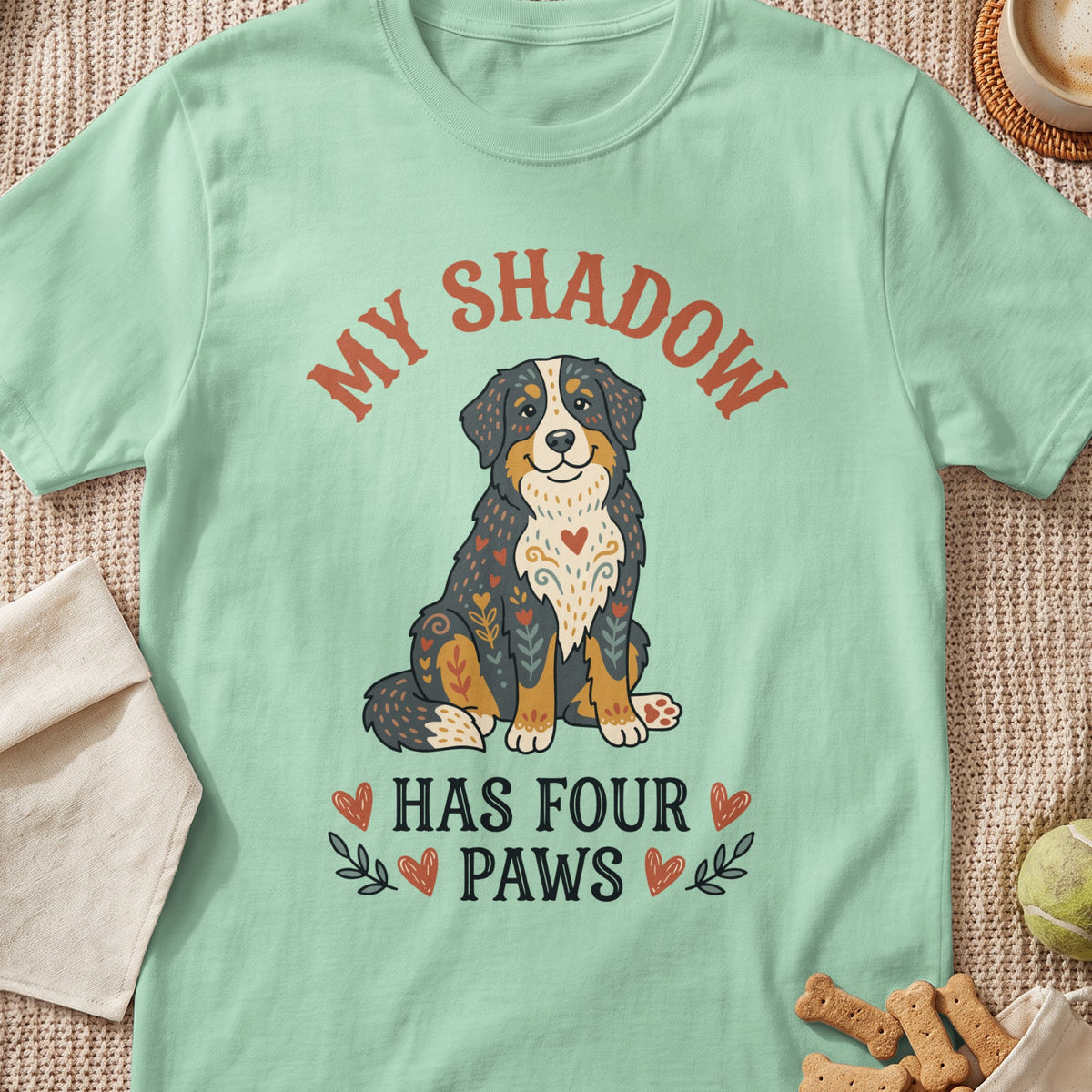 Light green t-shirt with a sitting Bernese Mountain Dog and text "MY SHADOW HAS FOUR PAWS".
