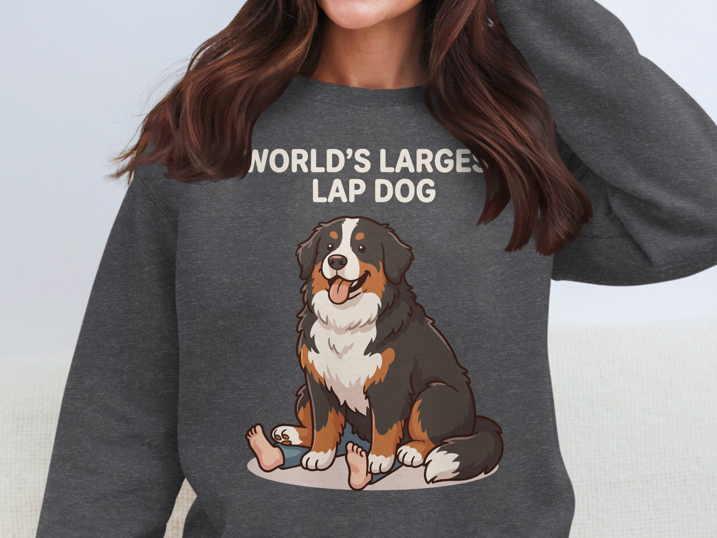 Bernese Mountain Dog under text "WORLD'S LARGEST LAP DOG."