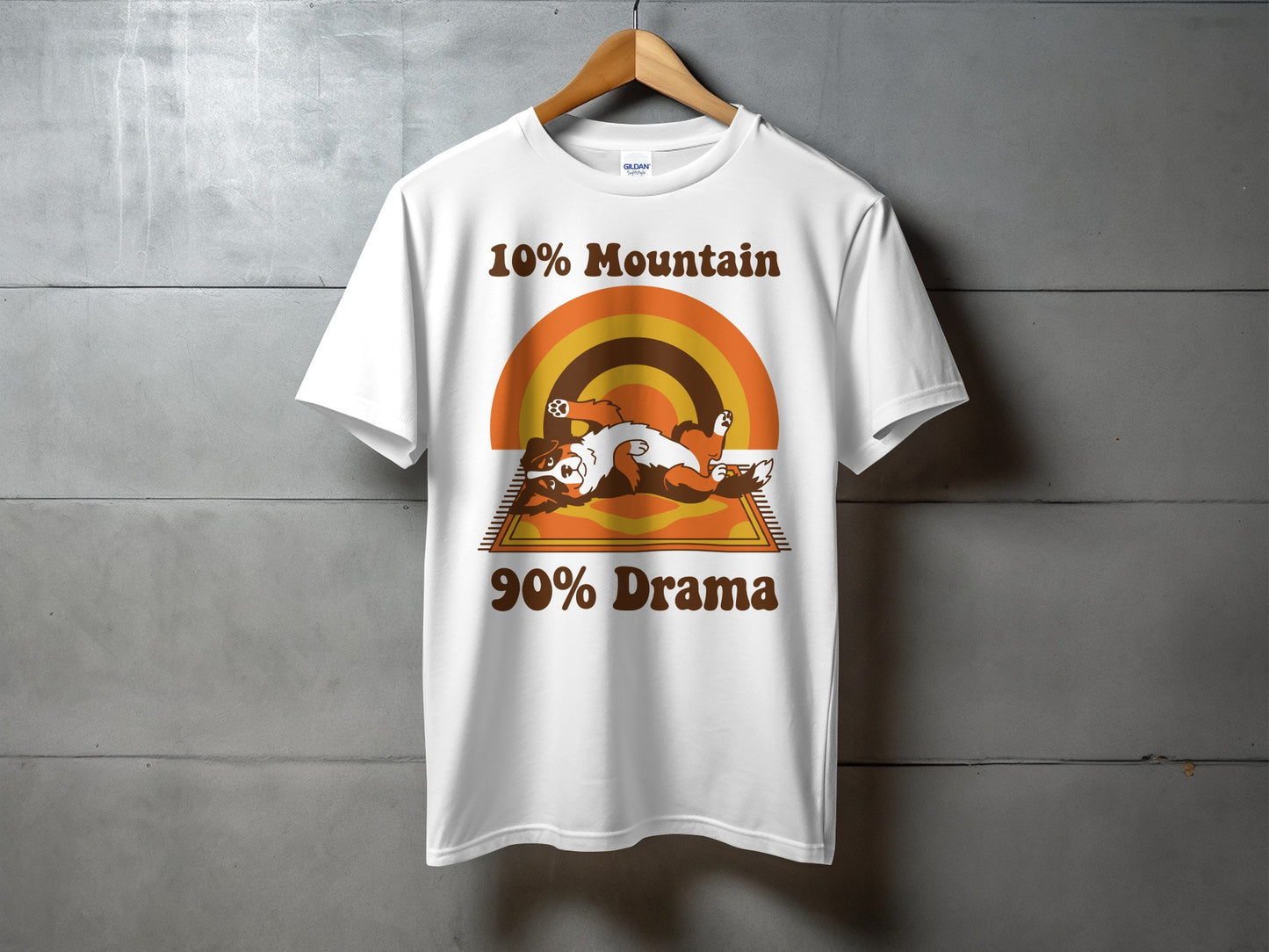 White t-shirt with "10% Mountain 90% Drama" text and a cartoon dog.
