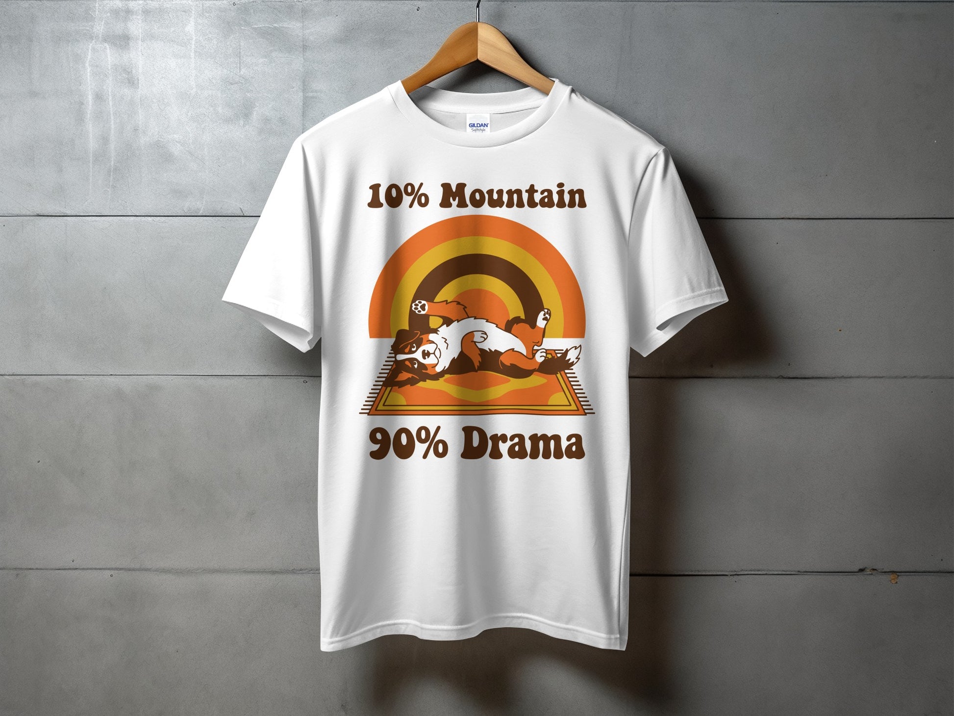 White t-shirt with "10% Mountain 90% Drama" text and a cartoon dog.