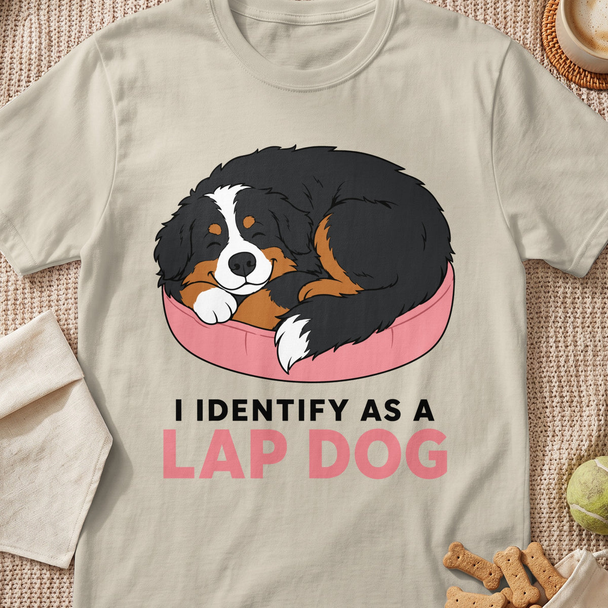 Bernese Mountain Dog sleeping on pink pillow with text "I IDENTIFY AS A LAP DOG".
