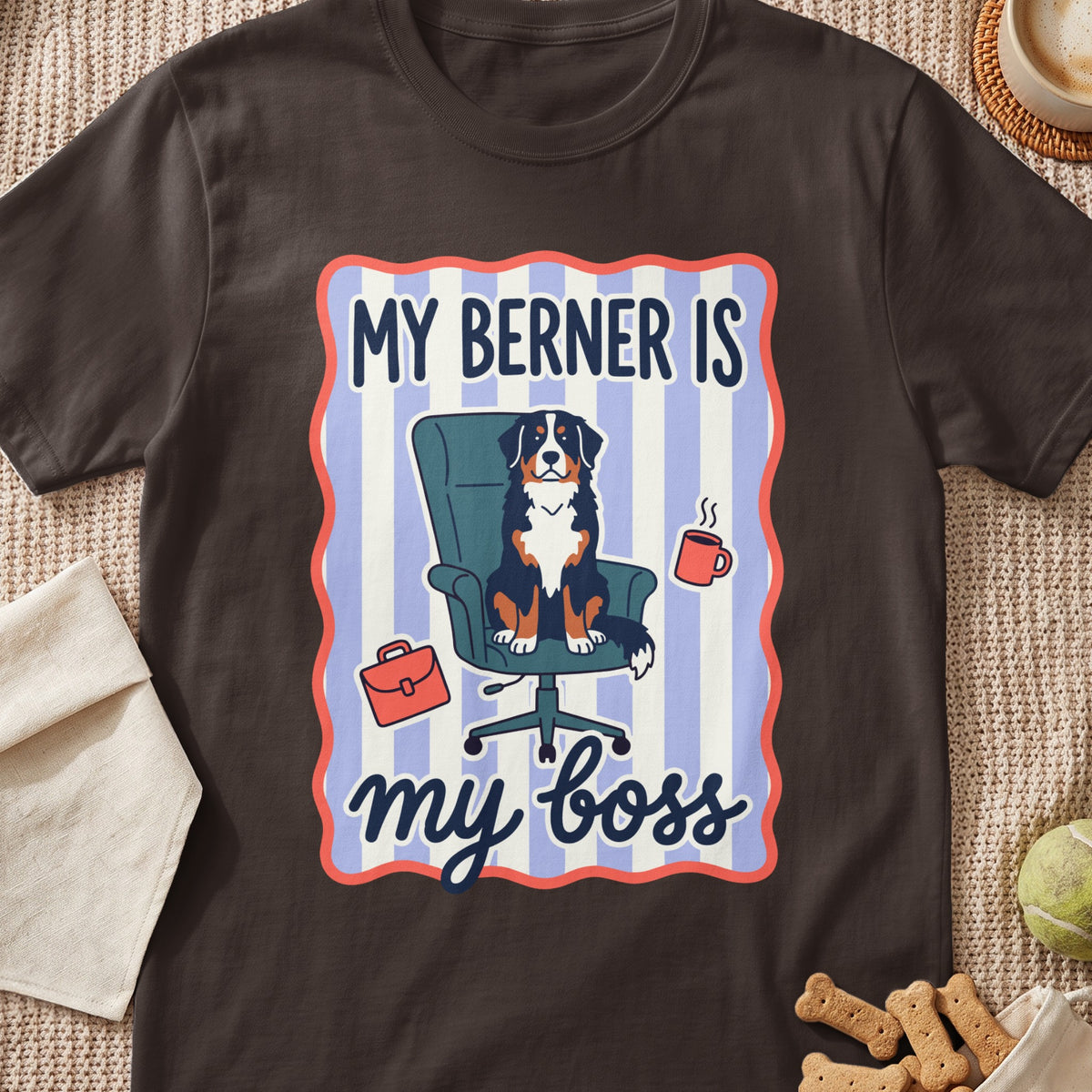 Bernese Mountain Dog sits in office chair with text "MY BERNER IS my boss."