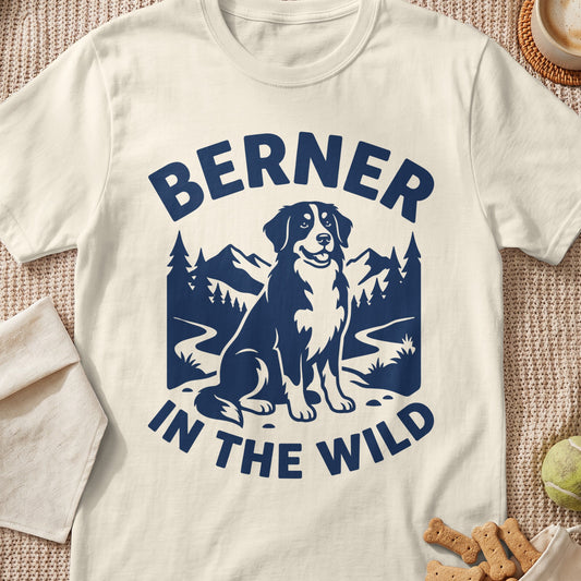Cream t-shirt with navy blue graphic of a Berner dog and text "BERNER IN THE WILD".