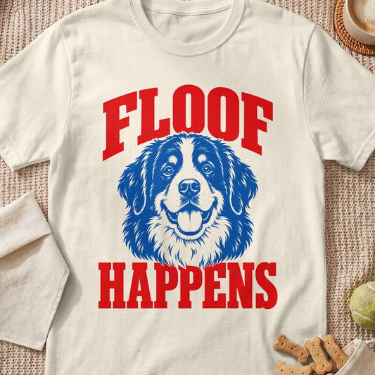 Cream t-shirt with blue dog graphic and red text "FLOOF HAPPENS"