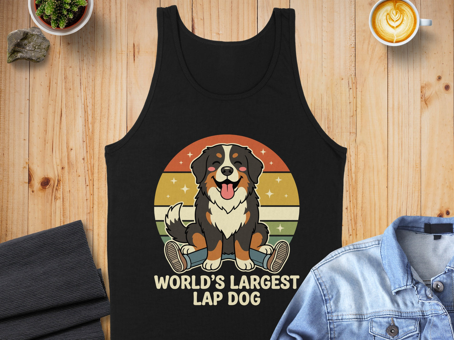 Black tank top with a cartoon Bernese Mountain Dog and text "World's Largest Lap Dog".