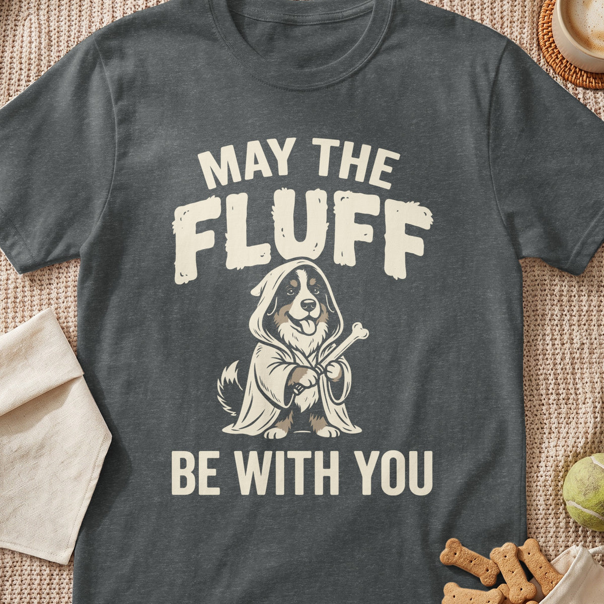 Bernese Mountain Dog in a robe holding a bone, with text "MAY THE FLUFF BE WITH YOU".