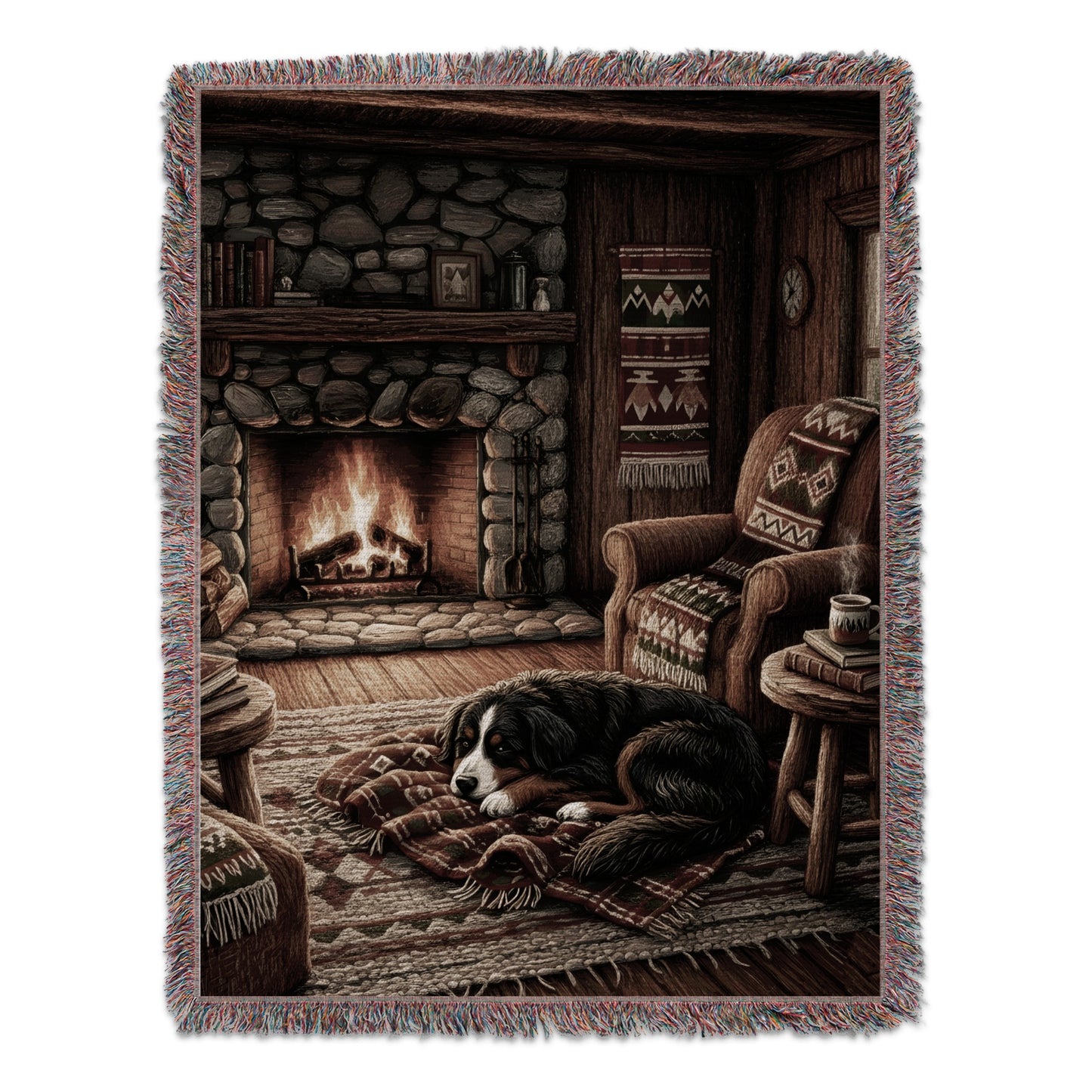 Cozy Cabin Scene with Dog in Front of Fireplace Blanket