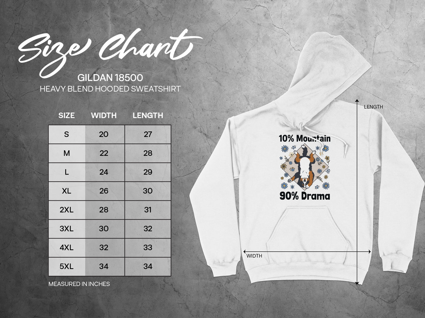 Gildan 18500 size chart for heavy blend hooded sweatshirt with measurements.
