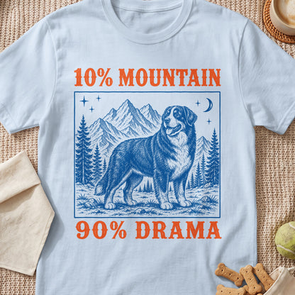 T-shirt graphic: dog in mountains with text "10% Mountain 90% Drama"