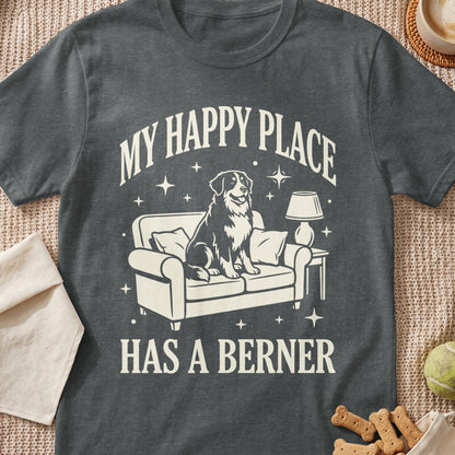 Dark grey t-shirt with a dog on a couch graphic and "My Happy Place Has a Berner" text.
