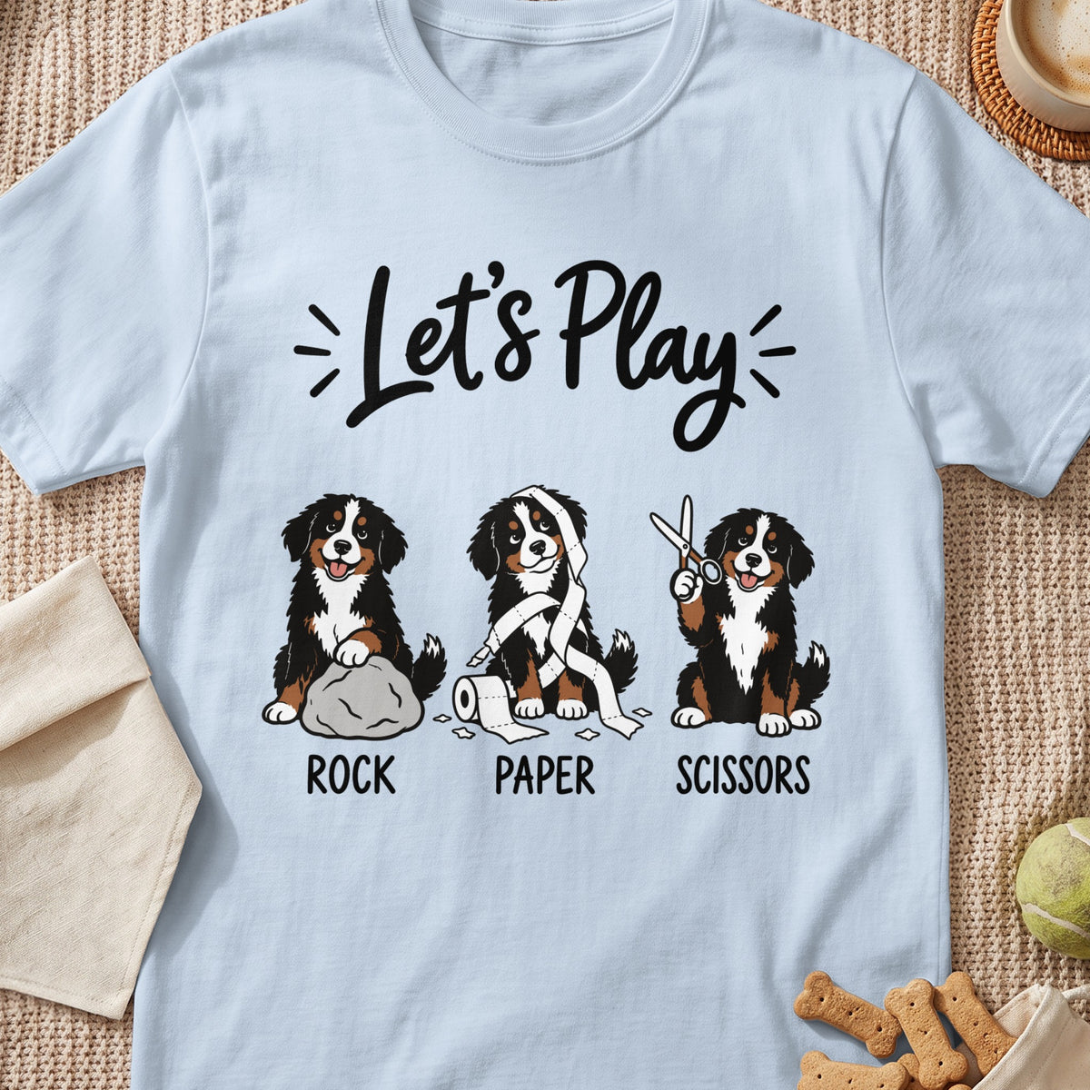 Bernese Mountain Dogs playing Rock, Paper, Scissors with the text "Let's Play".