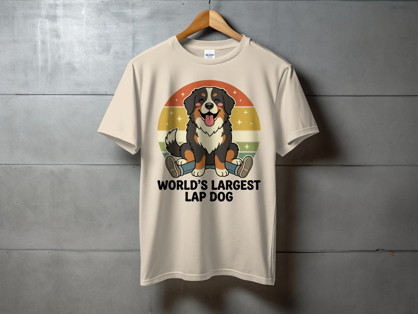 T-shirt with cartoon Bernese Mountain Dog and "WORLD'S LARGEST LAP DOG" text.