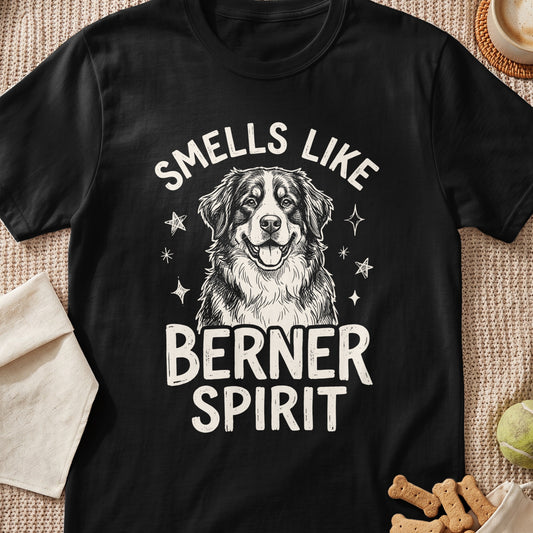 Black t-shirt with "Smells Like Berner Spirit" and a dog sketch.