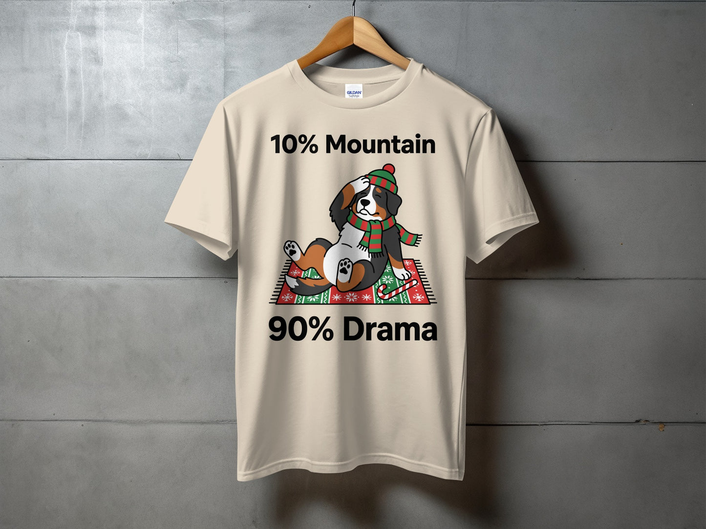 Cream t-shirt with text "10% Mountain 90% Drama" and cartoon dog