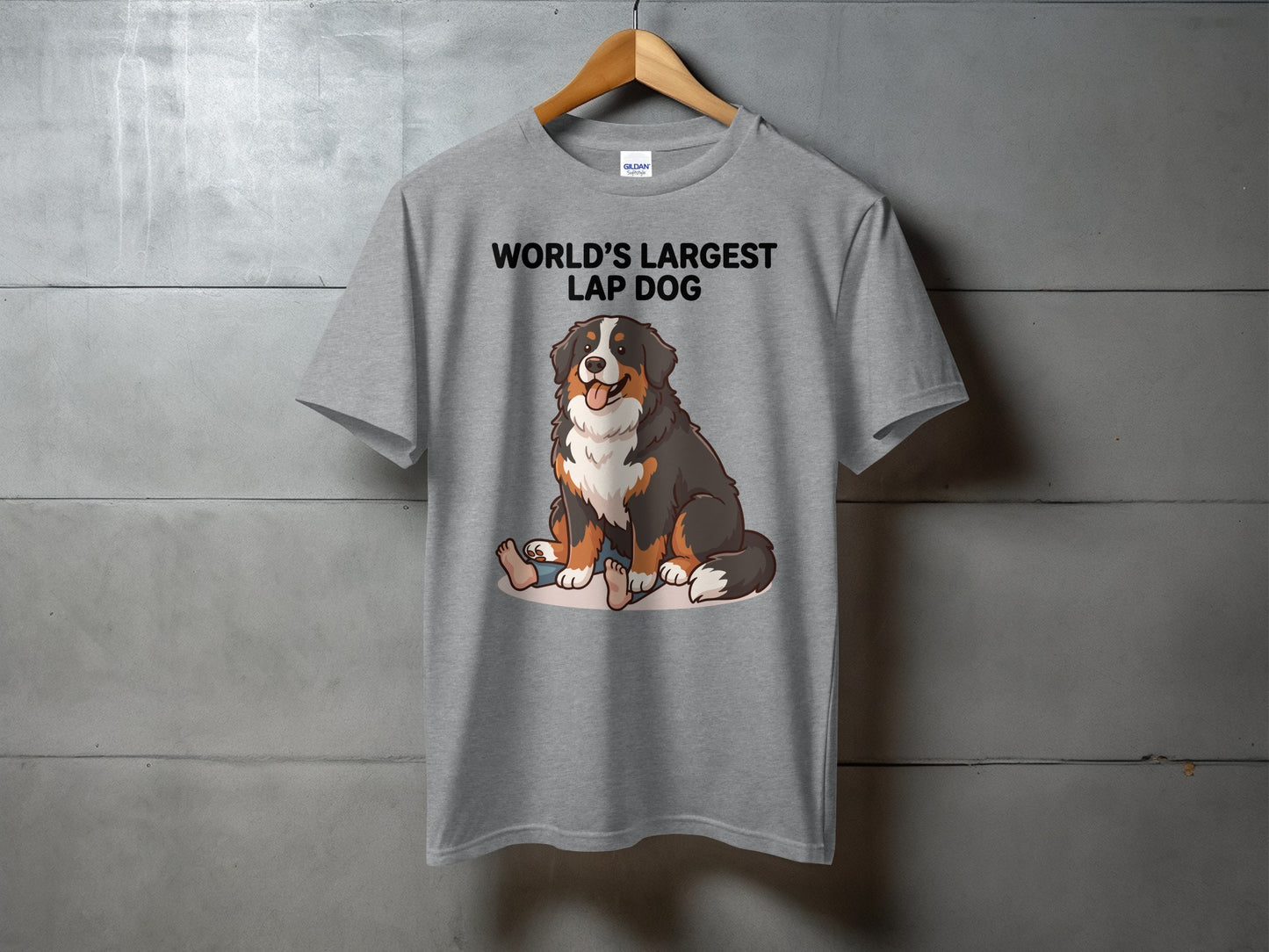 Grey t-shirt with text "WORLD'S LARGEST LAP DOG" above a dog illustration.