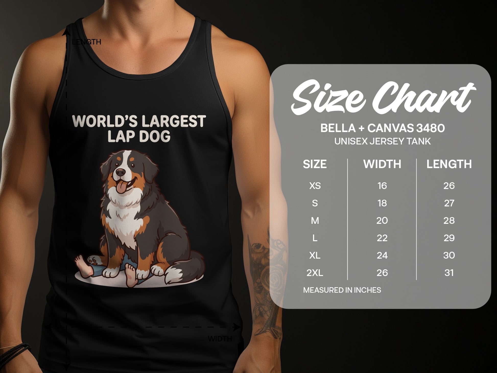 Black tank top with "World's Largest Lap Dog" text and a Bernese Mountain Dog graphic. Includes size chart.